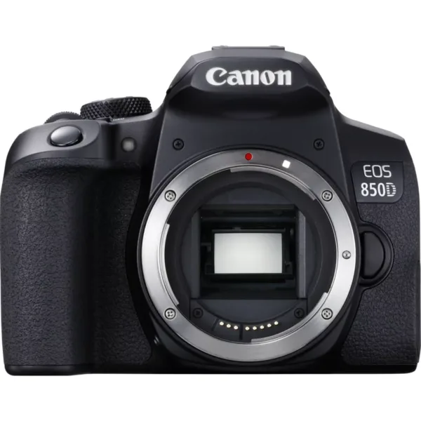 canon eos 850d ef s 18 55mm is stm lens backpack sd card spare battery product front view