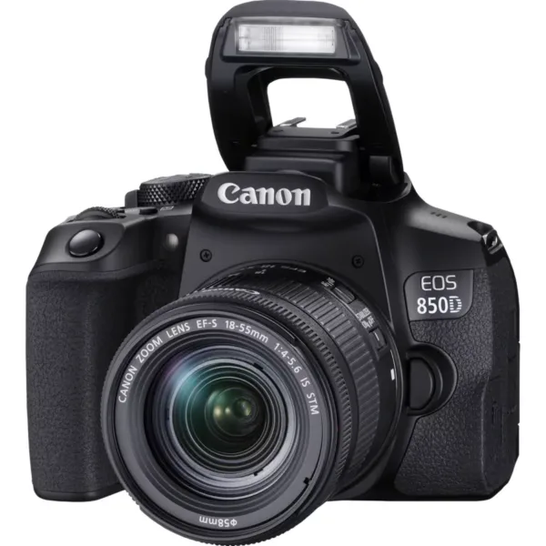 canon eos 850d ef s 18 55mm is stm lens backpack sd card spare battery product front view with flash open